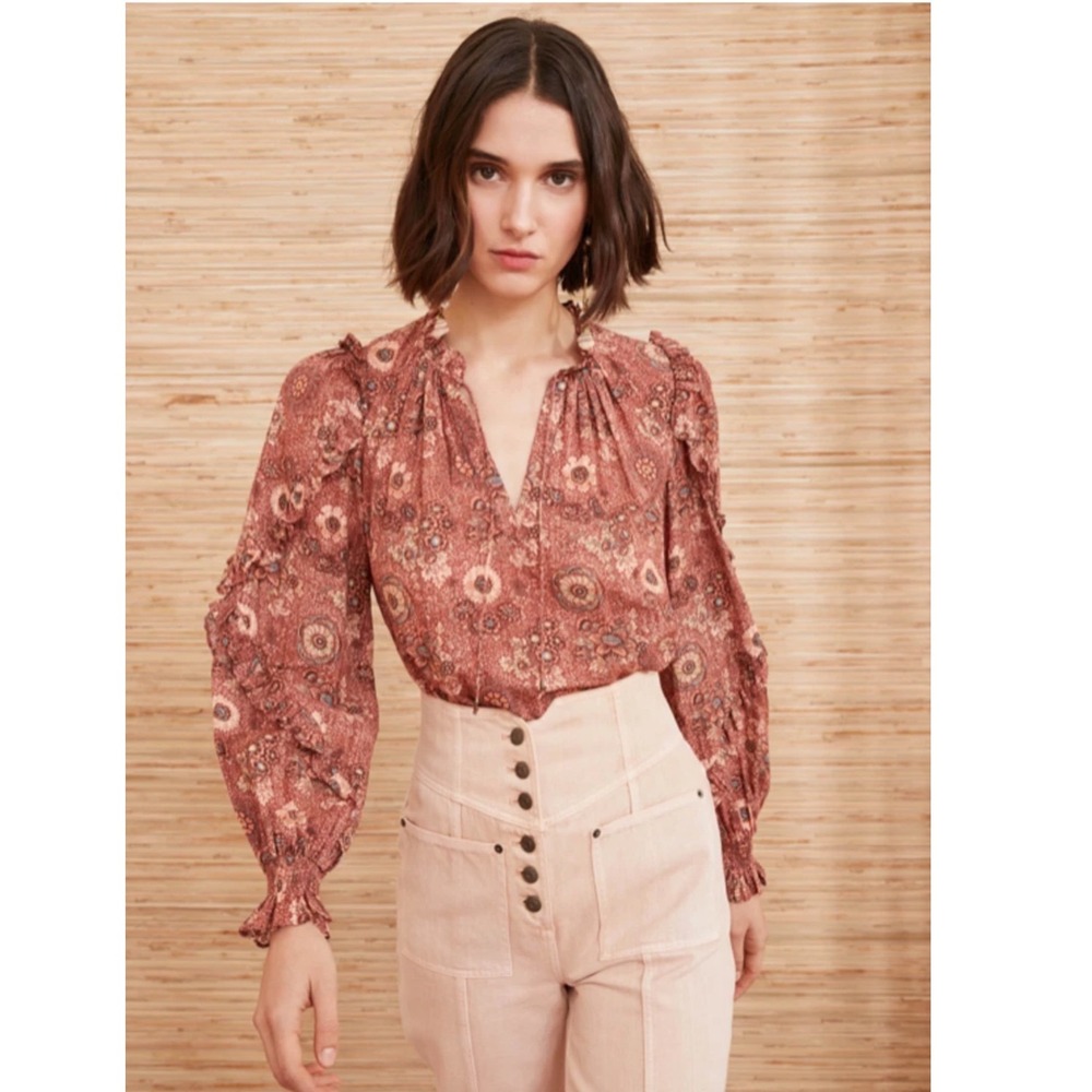 Ulla Johnson SS22 Floral Ruffle Blouse Terracotta Pink Boho Top Size 4